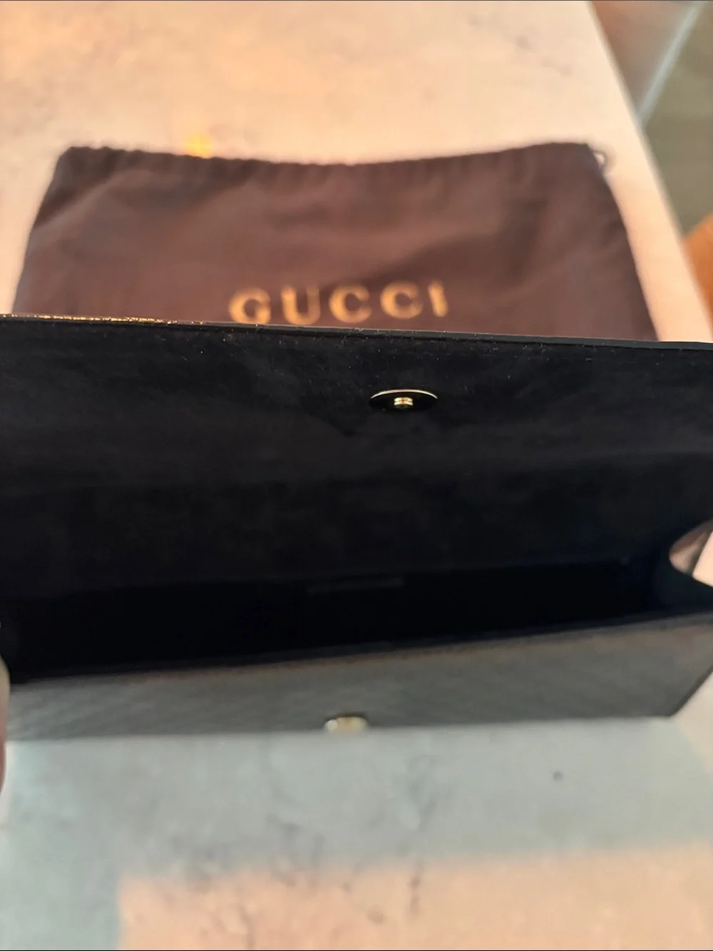 Gucci Black Patent Monogram clutch